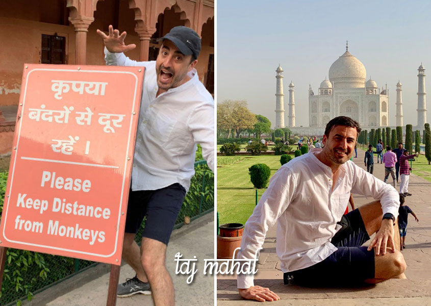 Schild "Bitte Abstand zu den Affen halten" und Foto von Daniel vor dem Taj Mahal