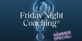 Friday Night Coaching: Woher weiß ich, was ich will? Summer Special. Bild: Fragezeichen aus glas- bzw. wasserähnlichem Stoff, leuchtend blau auf dunkelblauem Hintergrund.