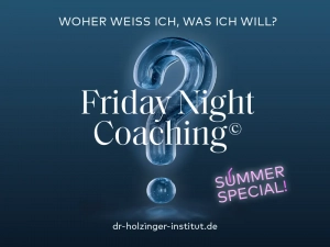 Friday Night Coaching: Woher weiß ich, was ich will? Summer Special. Bild: Fragezeichen aus glas- bzw. wasserähnlichem Stoff, leuchtend blau auf dunkelblauem Hintergrund.