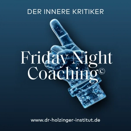 Friday Night Coaching: Der innere Kritiker. Zeigefinger aus glas-/wasserähnlichem Stoff auf dunkelblauem Hintergrund.