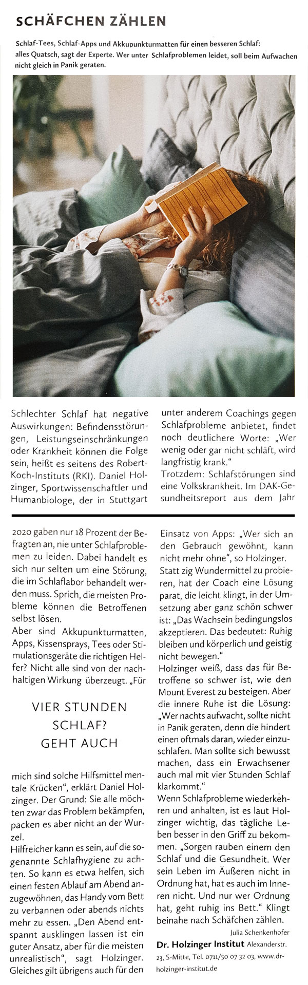 Pressartikel Besser schlafen, Lift Stuttgart. Tipps von Dr. Daniel Holzinger