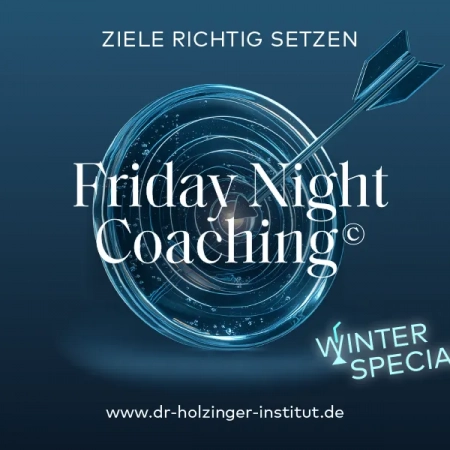 Friday Night Coaching – Ziele richtig setzen. Winter Special. Zielscheibe aus glas-/wasserähnlichem Stoff auf dunkelblauem Hintergrund. Weiße Schrift.