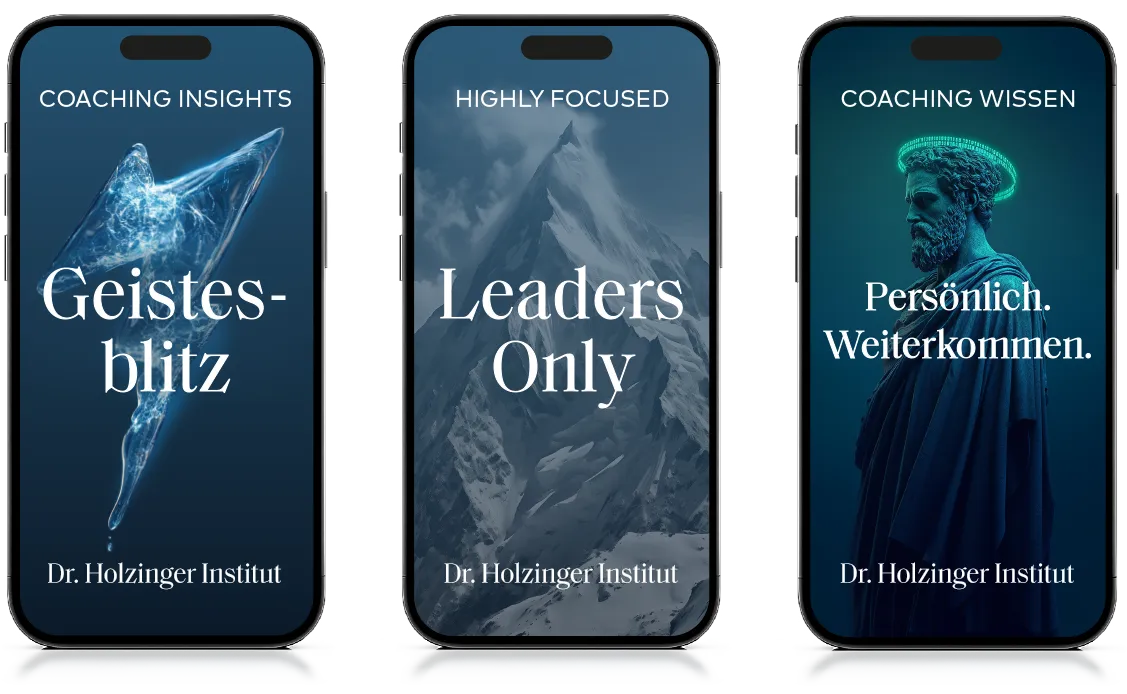 Die Newsletter des Dr. Holzinger Instituts: Geistesblitz, Leaders Only, Persönlich Weiterkommen. Bild: 3 Handys mit dem Hauptmotiv des jeweiligen Newletters.